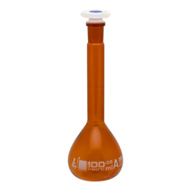 Volumetric Flask, 100ml - Class A - 14/23 Polypropylene Stopper, Borosilicate Glass, Amber - White Graduation Mark, Tolerance ±0.100 ml