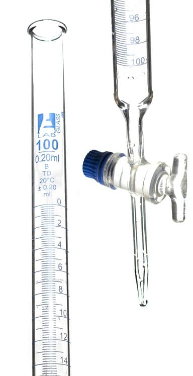 Class B 100mL Borosilicate Burette - 0.2mL Graduations - 0.2mL Tolerance - Glass Key (Smooth) Stopcock - 30.5" Tall