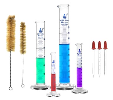 Graduated Cylinder Set, 9 Pieces - Class B - 5ml, 10ml, 50ml, 100ml Thick Borosilicate 3.3 Glass Cylinders, 3 Glass Droppers, 2 Cleaning Brushes