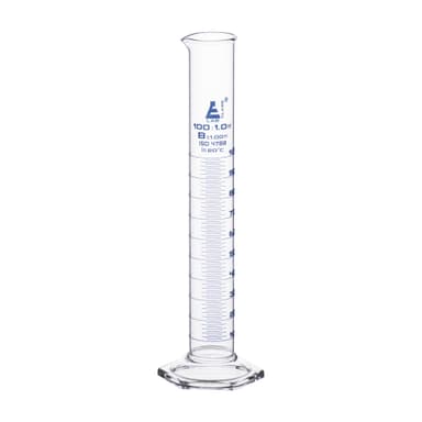 Graduated Cylinder, 100ml - Class B Tolerance ±1.00ml - Hexagonal Base - Blue Graduations - Borosilicate 3.3 Glass