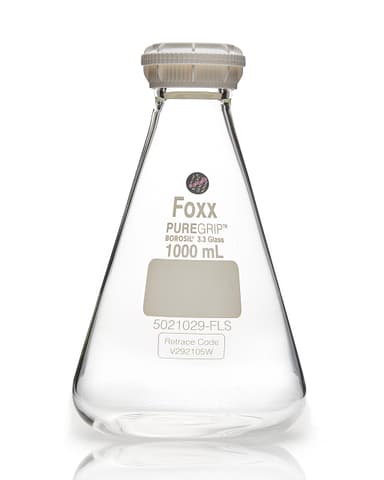 PUREGRIP Reusable Glass Erlenmeyer Flasks with GL45 VersaCap Screw Cap and Pouring Ring, 1 L (1,000 mL), 10/CS
