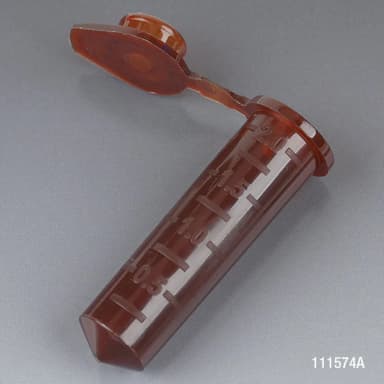 Microcentrifuge Tube, 2.0mL, PP, Attached Snap Cap, Graduated, Amber, Certified: Rnase, Dnase and Pyrogen Free, 500/Stand Up Zip Lock Bag - CS/5000
