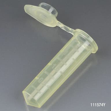 Microcentrifuge Tube, 2.0mL, PP, Attached Snap Cap, Graduated, Yellow, Certified: Rnase, Dnase and Pyrogen Free, 500/Stand Up Zip Lock Bag - CS/5000