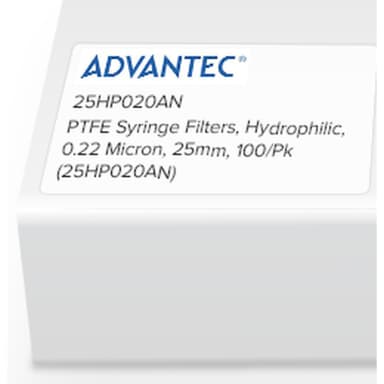 PTFE Syringe Filters, Hydrophilic, Advantec, 0.22 Micron, 25mm, 100/Pk