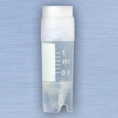 CryoCLEAR vials, 1.0mL, STERILE, External Threads, Attached Screwcap with Co-Molded Thermoplastic Elastomer (TPE) Sealing Layer, Conical Bottom, Self-Standing, Printed Graduations, Writing Space and Barcode, 50/Bag, 10 Bags