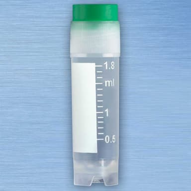 CryoCLEAR vials, 2.0mL, STERILE, External Threads, Assembled GREEN Screwcap with Co-Molded Thermoplastic Elastomer (TPE) Sealing Layer, Round Bottom, Self-Standing, Printed Graduations, Writing Space and Barcode, 50/Bag, 10