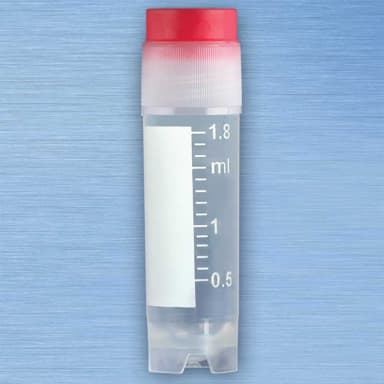 CryoCLEAR vials, 2.0mL, STERILE, External Threads, Assembled RED Screwcap with Co-Molded Thermoplastic Elastomer (TPE) Sealing Layer, Round Bottom, Self-Standing, Printed Graduations, Writing Space and Barcode, 50/Bag, 10