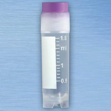 CryoCLEAR vials, 2.0mL, STERILE, External Threads, Assembled VIOLET Screwcap with Co-Molded Thermoplastic Elastomer (TPE) Sealing Layer, Round Bottom, Self-Standing, Printed Graduations, Writing Space and Barcode, 50/Bag, 10