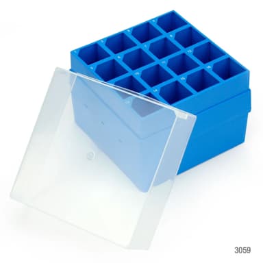 Storage Box with Lid for 50mL Centrifuge Tubes, 16-Place (4x4), PP, Blue Base & Clear Lid, 4 Boxes/Carton