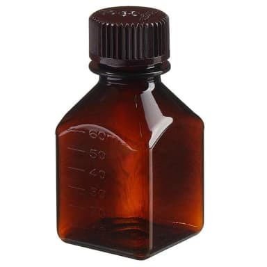 Media Bottle, Square, Graduated - Amber PETG w/HDPE Closure 2 oz / 60 mL (24-415)