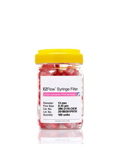 EZFlow® Non-Sterile Hydrophilic PTFE Syringe Filters, 0.45 µm Pore Size Membrane for Prefiltration and Sample Prep, 13 mm, 100/PK