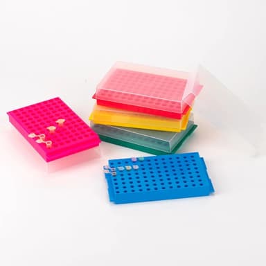 Reversible Rack with Cover for Microcentrifuge Tubes, 96-Place for 1.5mL and 2.0mL and Reverse Side is 96-Place for 0.2mL and 0.5mL Tubes, Pink, 5/Pack - CS/25