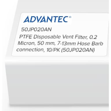 PTFE Disposable Vent Filter, 0.2 Micron, 50mm, 7-13mm Hose Barb connection, 10/PK