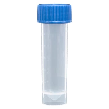 Transport Tube, 5mL, with Separate Blue Screw Cap, PP, Conical Bottom, Self-Standing, Molded Graduations