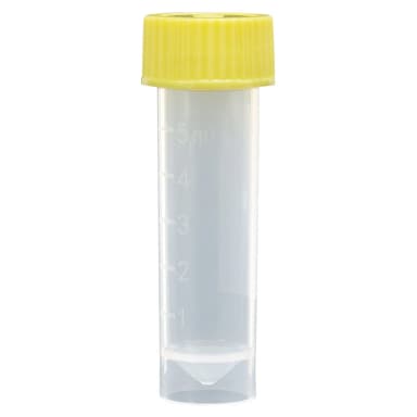 Transport Tube, 5mL, with Separate Yellow Screw Cap, PP, Conical Bottom, Self-Standing, Molded Graduations
