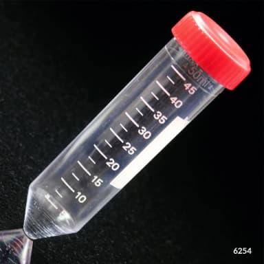 Centrifuge Tube, 50mL, with Attached Red Screw Cap, PS, Printed Graduations, STERILE, 25/Bag, 20 Bags/Unit