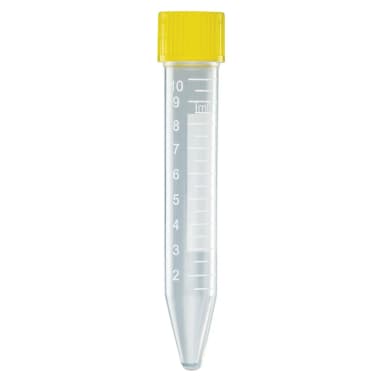 Centrifuge Tube, 10mL, with Attached Yellow PP Screw Cap, PP, Printed Graduations, STERILE, 100/Bag, 10 Bags/Unit