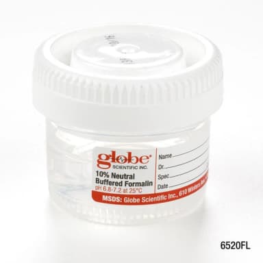 Pre-Filled Container with Click Close Lid: Tite-Rite, 40mL (1.34oz), PP, Filled with 20mL of 10% Neutral Buffered Formalin, Attached Hazard Label, 24/Box, 4 Boxes/Unit