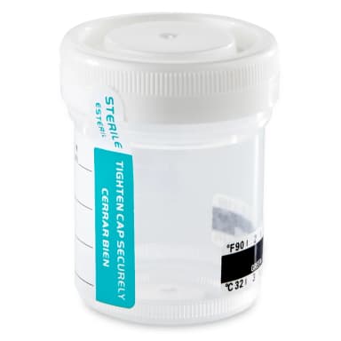 Container: Tite-Rite, 60mL (2oz), PP, STERILE, Attached White Screw Cap, ID Label with Tab Seal and Temperature strip, Graduated