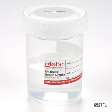 Pre-Filled Container with Click Close Lid: Tite-Rite, 120mL (4oz), PP, Filled with 60mL of 10% Neutral Buffered Formalin, Attached Hazard Label, 24/Box, 4 Boxes/Unit
