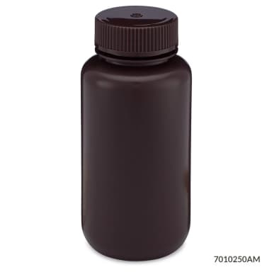 Bottle, Wide Mouth, HDPE Bottle, Attached PP Screw Cap, Amber, 250mL, 12/Pack - cs-72