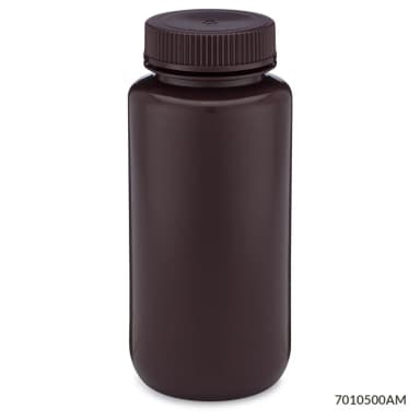 Bottle, Wide Mouth, HDPE Bottle, Attached PP Screw Cap, Amber, 500mL, 12/Pack - CS/48