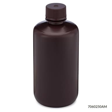 Bottle, Narrow Mouth, HDPE Bottle, Attached PP Screw Cap, Amber, 250mL, 12/Pack - cs-72