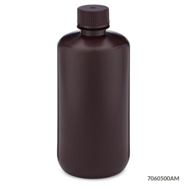 Bottle, Narrow Mouth, HDPE Bottle, Attached PP Screw Cap, Amber, 500mL, 12/Pack - CS/48