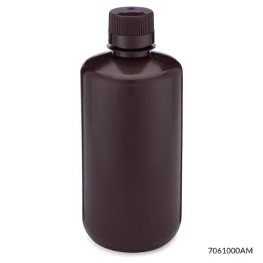 Bottle, Narrow Mouth, HDPE Bottle, Attached PP Screw Cap, Amber, 1000mL, 6/Pack - CS/24