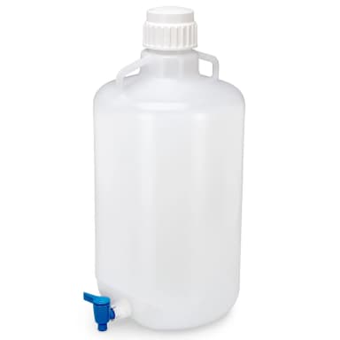 Carboy, Round with Spigot and Handles, PP, White PP Screwcap, 25 Liter, Molded Graduations, Autoclavable - CS/4
