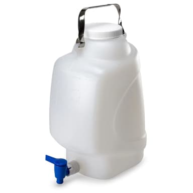 Carboy, Rectangular with Spigot and Handle, HDPE, White PP Screwcap, 10 Liter, Molded Graduations - CS/6