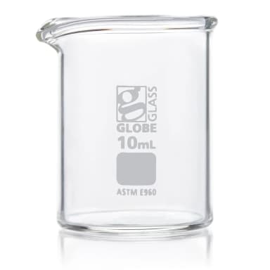 Beaker, Globe Glass, 10mL, Low Form Griffin Style, ASTM E960, 12/Box - CS/48