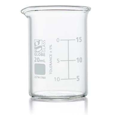 Beaker, Globe Glass, 20mL, Low Form Griffin Style, Dual Graduations, ASTM E960, 12/Box - CS/48