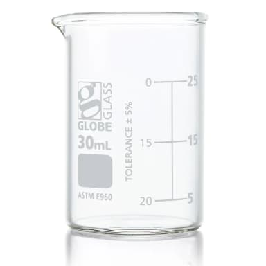 Beaker, Globe Glass, 30mL, Low Form Griffin Style, Dual Graduations, ASTM E960, 12/Box - CS/48