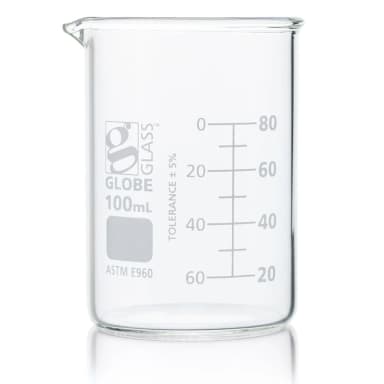 Beaker, Globe Glass, 100mL, Low Form Griffin Style, Dual Graduations, ASTM E960, 12/Box - CS/48