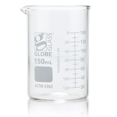 Beaker, Globe Glass, 150mL, Low Form Griffin Style, Dual Graduations, ASTM E960, 12/Box - CS/48