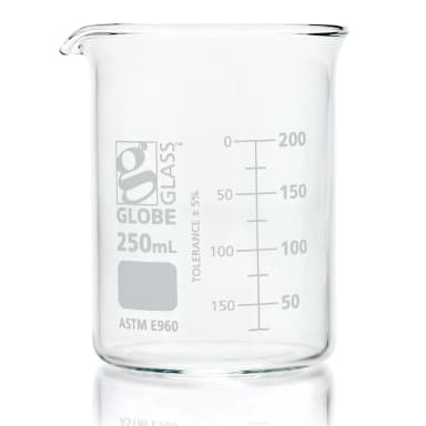 Beaker, Globe Glass, 250mL, Low Form Griffin Style, Dual Graduations, ASTM E960, 12/Box - CS/48