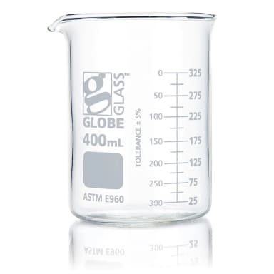 Beaker, Globe Glass, 400mL, Low Form Griffin Style, Dual Graduations, ASTM E960, 12/Box - CS/48