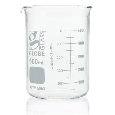 Beaker, Globe Glass, 600mL, Low Form Griffin Style, Dual Graduations, ASTM E960, 6/Box - CS/36