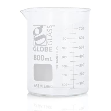 Beaker, Globe Glass, 800mL, Low Form Griffin Style, Dual Graduations, ASTM E960, 6/Box - CS/24
