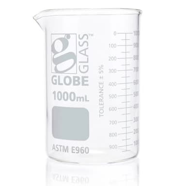 Beaker, Globe Glass, 1000mL, Low Form Griffin Style, Dual Graduations, ASTM E960, 6/Box - CS/24