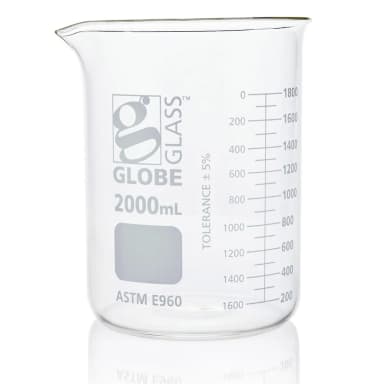 Beaker, Globe Glass, 2000mL, Low Form Griffin Style, Dual Graduations, ASTM E960, 4/Box - CS/8