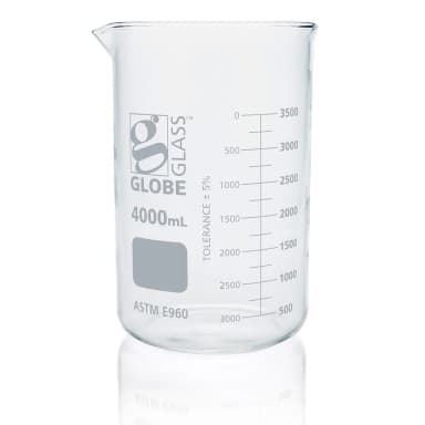 Beaker, Globe Glass, 4000mL, Low Form Griffin Style, Dual Graduations, ASTM E960, 1/Box - CS/6