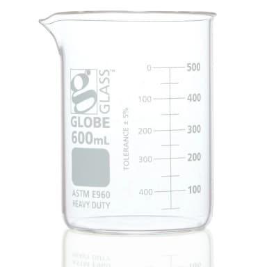 Beaker, Globe Glass, 600mL, Low Form Griffin Style, Heavy Duty, Dual Graduations, ASTM E960, 6/Box