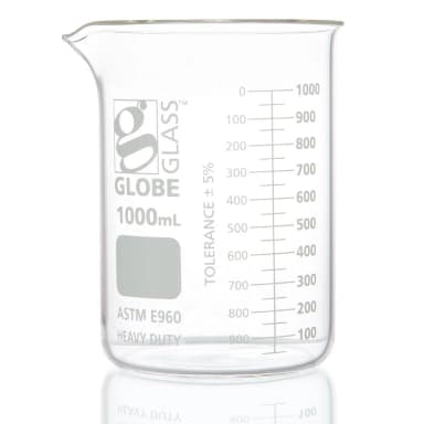 Beaker, Globe Glass, 1000mL, Low Form Griffin Style, Heavy Duty, Dual Graduations, ASTM E960, 6/Box
