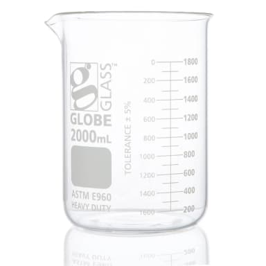 Beaker, Globe Glass, 2000mL, Low Form Griffin Style, Heavy Duty, Dual Graduations, ASTM E960, 4/Box