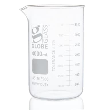 Beaker, Globe Glass, 4000mL, Low Form Griffin Style, Heavy Duty, Dual Graduations, ASTM E960, 1/Box