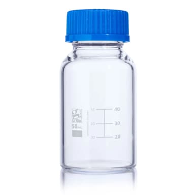 Bottle, Media, Globe Glass, 50mL, GL32 Screw Cap, Dual Graduations, 10/Box - CS/40