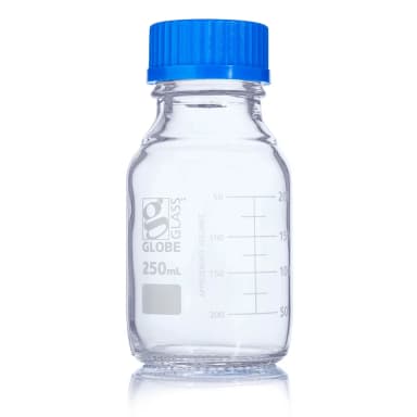 Bottle, Media, Globe Glass, 250mL, GL45 Screw Cap, Dual Graduations, 10/Box - CS/20