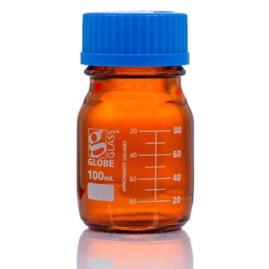 Bottle, Amber Media, Globe Glass, 100mL, GL45 Screw Cap, Dual Graduations, 10/Box